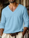 Wiaofellas  -  Autumn New Men's Plaid Pattern Jacquard Fabric V-neck Casual Sports Off-shoulder Sleeve Long-sleeved T-shirt