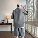 Wiaofellas  -  Tracksuit Men Shorts Sets Solid Color Loose O-neck Short Sleeve T Shirt & Drawstring Shorts 2PCS Summer Sports Suit for Men