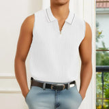 WIAOFELLAS  -  Spring Summer New Vintage Turn-down Collar Zipper Knit Polo Shirt Menasual Solid Sleeveless Tank Top Polo Tops Mens Streetwear