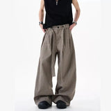 WIAOFELLAS  -  Old Qian style pleated wide-leg pants versatile body three-dimensional belt straight-leg pants men's trousers trousers