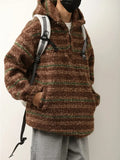 WIAOFELLAS  -  Autumn Winter Hooded Sweaters for Men Japanese Trendy Loose Casual Thickened Striped Pullover Harajukuhigh Street Long Sleeved