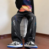 WIAOFELLAS  -  Spring Autumn Fashion Pure Color Splashed Ink Jeans Men's Clothing American Style Loose Casual Chaopai Wide Leg Trousers