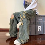 WIAOFELLAS  -  Spring Summer Men's Wear Casual Jeans Men New Korean Fashion Personalized Straight Tube Hole Male Trousers Vintage Wide Leg