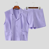 Wiaofellas  -  Men's Sets Solid Lapel Sleeveless Crop Shirt Shorts Two Piece Sets Streetwear Men Matching Sets Stylish Tracksuits
