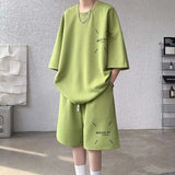 WIAOFELLAS  -  Fashion Men's Suit Solid Color Letter Print O-neck T-shirt Trendy Drawstring High-waisted Shorts Set Male Summer