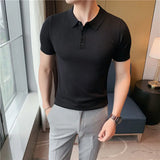 WIAOFELLAS  -    Summer New Men Short Sleeve Solid Polos Knitted T-Shirt Male British Style Slim Fit Business Formal Shirts L33