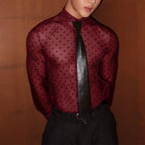 WIAOFELLAS  -  Men Shirt Polka Dot Printing Lapel Long Sleeve Button Men Clothing Mesh See Through Loose Fashion Male Shirts Streetwear