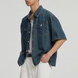 WIAOFELLAS  -  American Style Men's Denim Shirts Lapel Pocket Solid Color Short Sleeve Loose Tops Single Breasted Male Shirt Chic