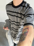 WIAOFELLAS  -  Korean Boyfriend Summer New Patchwork T Shirts Printing Stripes Fashion Loose Minimalist Casual Short Sleeved Tops Men Clothing