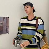 Wiaofellas  -  Contrast Color Pure Cotton Striped Long-sleeved T-shirt Men's Autumn Trendy Handsome New Hooded Round Neck Sweatshirt Ins