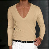 WIAOFELLAS  -  Spring Autumn Men's T-shirt Solid Color V-neck Long Sleeve Tops Tees Man Oversized Loose Fitness T-Shirts For Male Clothes