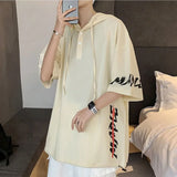 Wiaofellas  -  summer men's clothing short Sleeve Hooded loose oversized Solid Color fashion Printed Spliced button casual 3/4 Sleeve T-shirt