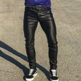 Wiaofellas  -  Fashion Mens Slim Fit Leather Pants Solid Color Mid Waist Tight Stretch PU Trousers Spring Autumn Streetwear Vintage Pants
