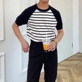 WIAOFELLAS  -  T-shirts Men Simple Mature Daily Casual Summer Striped Fashion Breathable All-match Korean Style Shinny Cozy Soft Handsome New