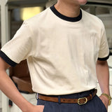 Wiaofellas  -  100% Pure Cotton Tshirt For Men Summer American Retro Color-Block Round-Neck Short-Sleeve Men's Casual Versatile Daily T-Shirt