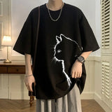 WIAOFELLAS  -  Men Short Sleeved T-shirt Suede Velvet Summer Cartoon Print Tops Loose Fitting Quarter Sleeves Leisure Time Cat Printing Hatless