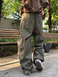 Wiaofellas  -  Retro Japanese Style Work Pants Men's Women's Straight Leg Cuffed Casual Trousers Heavy Duty Drapey Floor Length BF