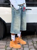 WIAOFELLAS  -  Men Copped Streetwear Retro Jeans Mid Waist Rompers Jumpsuits Knee Length Denim Casual Solid Washing