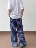 WIAOFELLAS  -  Blue Checkered Straight Leg Pants Mens Retro Trendy Loose Couple Casual Trousers Multiple Buckles College Pantalones Hombre