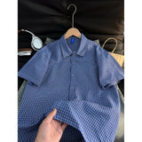 Wiaofellas  -  Summer Blue Plaid Short Sleeve Casual Shirt Men's Street Style Lazy Cool American Drawstring Half Sleeve Top Loose Fit Youth