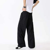 WIAOFELLAS  -  Simple Men's Cargo Pants Zipper Patchwork Elastic Waist Wide Leg Bottom Straight Drawstring Loose Male Trousers 24K4252
