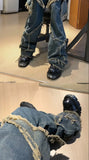 WIAOFELLAS  -  Retro Star Design Wide Leg Jeans Distressed Loose Raw Edge Floor Mopping Pants