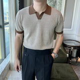 WIAOFELLAS  -  Men's Color Matching Knitted Short-Sleeved Polo Shirt American Retro Fashion Trend Loose Casual Breathable Summer Men's Tops