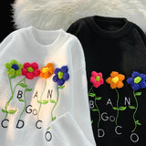 WIAOFELLAS  -  Harajuku Oversized Knitted Sweater Men Floral Embroidery Jumpers Japanese Fashion O-Neck Streetwear Couple Unisex Knitwear E173