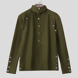 Wiaofellas  -  Men Shirt Solid Color Stand Collar Long Sleeve Button Men Clothing Streetwear Loose Fashion Casual Tops Camisas