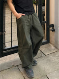 Wiaofellas  -  Men's Winter Straight Leg Casual Pants Fashionable High Street Workwear Style Polyester Fiber Mid Waist Elastic Waist