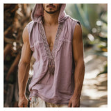 Wiaofellas  -  Holiday Casual Men's Hooded Sleeveless Vest Retro Ethnic Style Hooded Men's Sleeveless Shirt Sleeveless Cardigan Shirts for Men