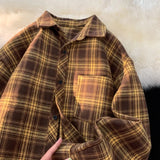 WIAOFELLAS  -  Retro Plaid Long Sleeve Shirt Men Spring Fall Loose Shirt Turn-down Collar Blouse Hip Hop Streetwear Male Shirts