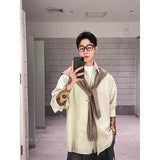 Wiaofellas  -  Men Blue Striped Long Sleeve Shirt Detachable Shawl Design American Style Loose Oversized Casual Tops Fashion Trend Retro
