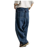 Wiaofellas  -  Large Size Men's Casual Wide Leg Jeans Loose Fit Workwear Trousers Washed Denim Straight Tube Zipper Fastening Non-Elastic
