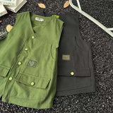 WIAOFELLAS  -  V-neck Men's Tank Tops Single Breasted Solid Color Sleeveless Casual Menswear Loose Pocket Malek Vests Summer