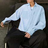 WIAOFELLAS  -  Men Shirt Striped Patchwork Lapel Long Sleeve Men Clothing Streetwear Korean Style Fashion Oversize Shirts Casual Tops