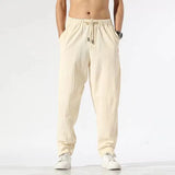 WIAOFELLAS  -  New Spring and Autumn Fashion Trend Loose Relaxed High Waist Panel Pocket Solid Color Versatile Men's Linen Harlan Pants