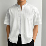 WIAOFELLAS  -  Men Striped Shirt Summer Stand Collar Short Sleeve Casual Men Clothing Streetwear 2025 Fashion Loose Male Shirts S-5XL