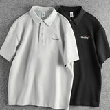 WIAOFELLAS  -  Blended bead fabric heavy polo shirt men simple small letters embellished American casual loose short sleeves