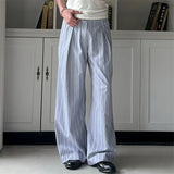 Wiaofellas  -  Autumn Blue White Striped Pleated Straight-Leg Pantalones Man High Street Fashion Baggy Trousers Casual Cleanfit Y2K Pants