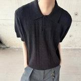 Wiaofellas  -  Summer Men Knitted Polo Shirt Retro Wheat Jacquard Solid Color Short Sleeve T-shirt Korean Casual Light Luxury Textured Knitwear