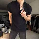 Wiaofellas  -  Black Short Sleeve Polo Shirt Henry Collar Fitness Sportswear Breathable Polyester Summer T-Shirt for Men Casual Wear