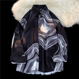 WIAOFELLAS  -  Men's Long Sleeved Shirts Print Baggy Single Breasted Blouses Korean Street Spring Autumn Coat Male Casual Shirt