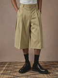Wiaofellas  -  SS New Arrival Men Solid Woven 7/8 Suit Pants Button Pleated Loose Straight Cropped Daily Street Trousers