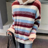 WIAOFELLAS  -  Hong Kong style autumn and winter men's sweater round neck sweater striped color block sweater jacket knitted