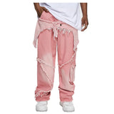 WIAOFELLAS  -  European and American Style Spliced Pink Hip-hop Workwear Wide-leg Tencel High-end Trendy Men's Jeans.