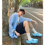 WIAOFELLAS  -  Blue Long Sve irt Jaet for Men Summer Casual Sun Protection Loose Fit Youthful Sle Faionable Flip Collar Top