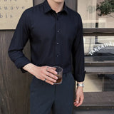 WIAOFELLAS  -  New British Style Versatile Solid Color Men's Shirt Long Sleeve Slim Fit Casual Business Dress Shirts Social Streetwear