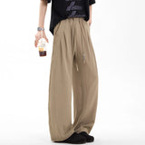 WIAOFELLAS  -  New Summer Men Suit Pants Drawstring Solid Color Wide Leg Casual Straight Elastic Waist Loose Male Trousers Simple