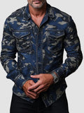 Wiaofellas  -  Men's Printed Lapel Long Sleeve Loose Shirt Multi-Pocket Casual Men's Work Shirt